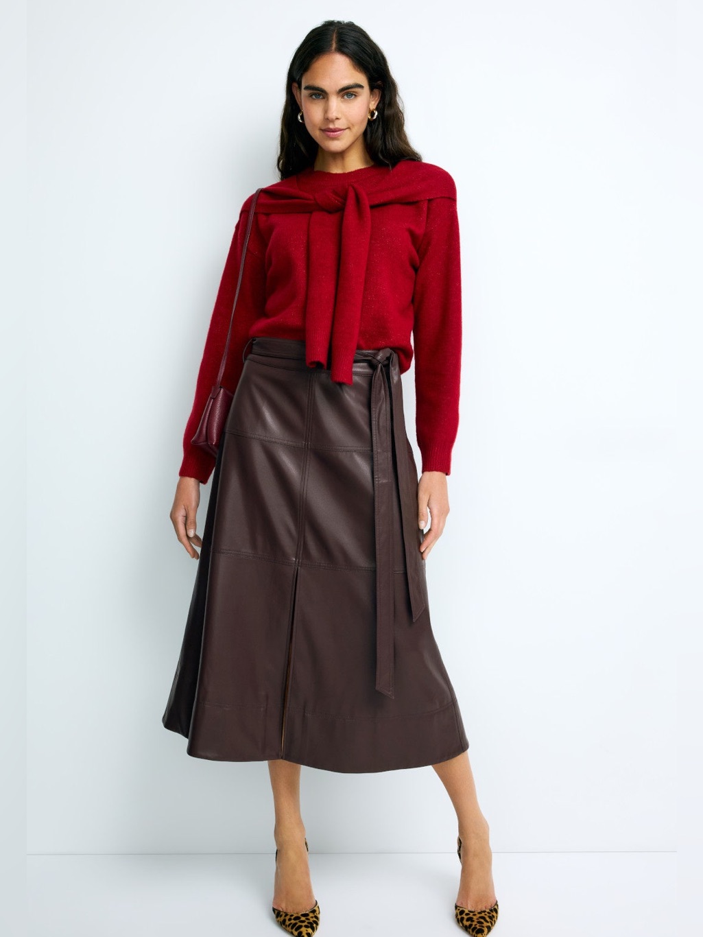 Tanya Taylor Burgundy Faux-Leather Wrap Midi Skirt